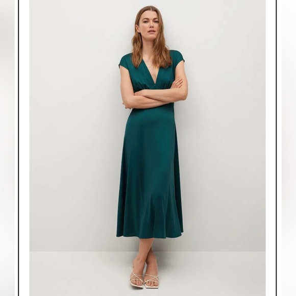 Mango MNG A-Line V-Neck Cap Sleeves Midi Satin Dress-Dark Green-Women Size 6 - Picture 1 of 7